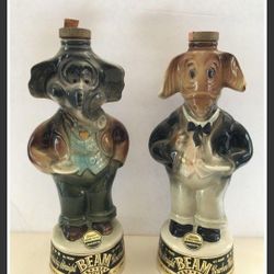 For your consideration is a two piece Jim Beam Kentucky Straight Bourbon Whiskey 86 proof decanter set featuring a GOP Republican Elephant & a Democra