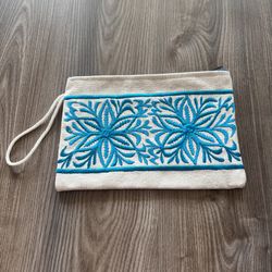 New Without Tag Embroidered Clutch with Blue Floral Design