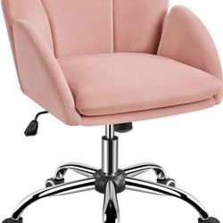 Cute Velvet Desk Chair for Home Office, Makeup Vanity Chair with Armrests for Bedroom Modern Swivel Rolling Chair for Women Pink 592424