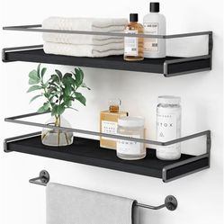 Black Floating Shelves for Bathroom Wall Set of 2, Kitchen Spice Rack Wall Mount
