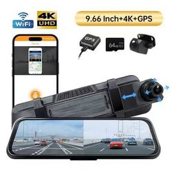 Cinandrow 9.66 inch 4K HD Universal Mirror Dash Cam ,1080P Rear Camera/GPS/Free TF Card