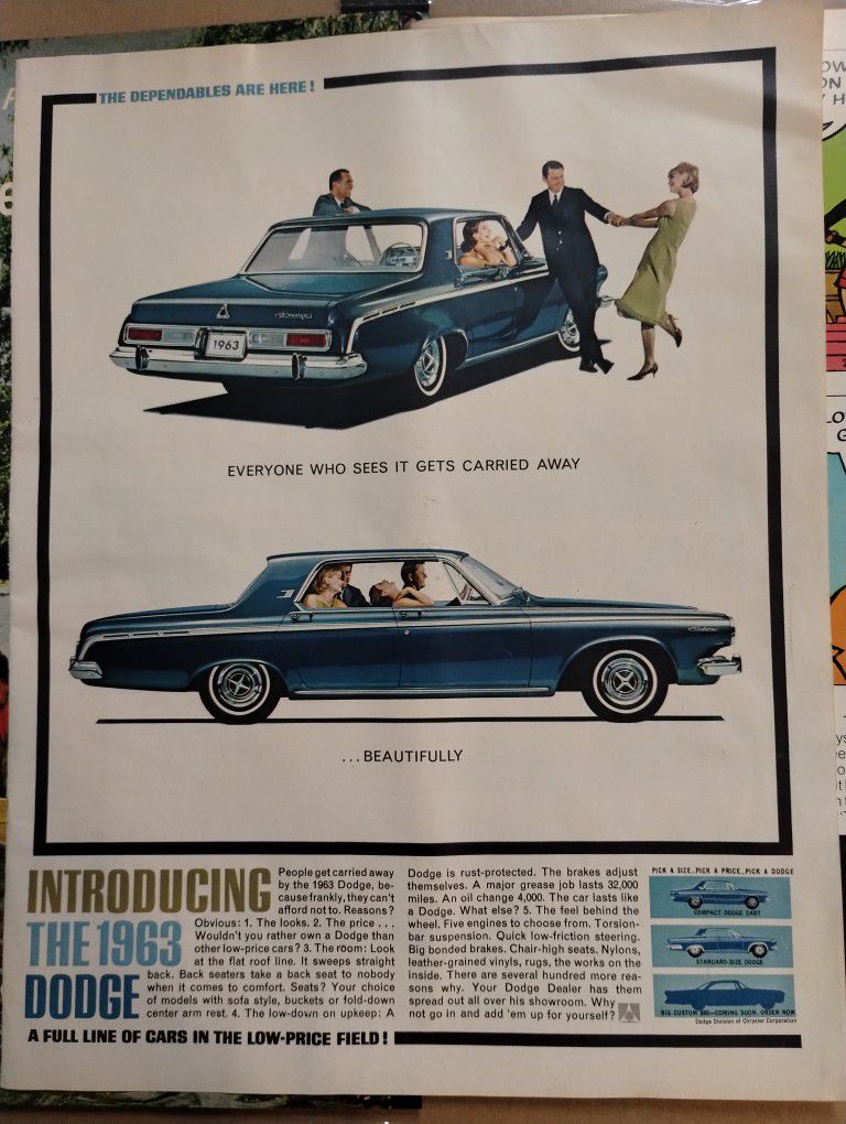 Vintage color magazine ad for the 1963 Dodge car line - Dart