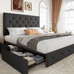 Upholstered Queen Size Platform Bed Frame with 4 Storage Drawers