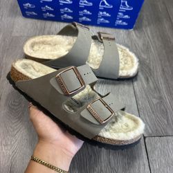 BIRKENSTOCK Women's Arizona Shearling Microfiber Sandals Grey Leather Size 9 40