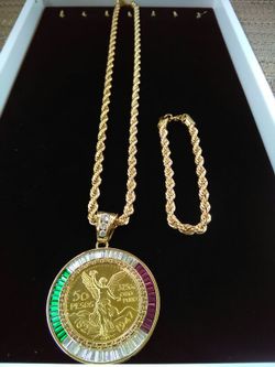 14k Gold filled Rope Chain with Mexican Centenario and matching bracelet