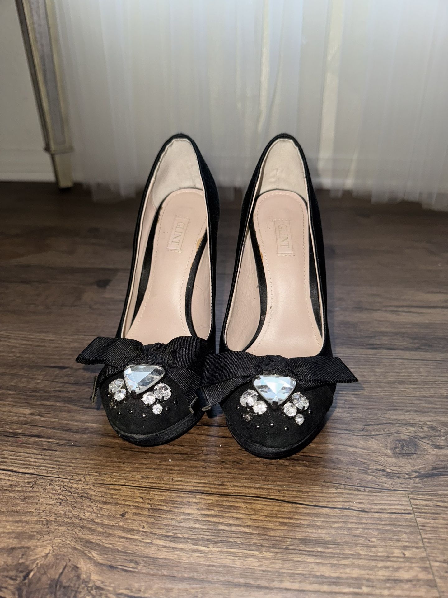 Glint satin Rhinestone black platform high heels size 6