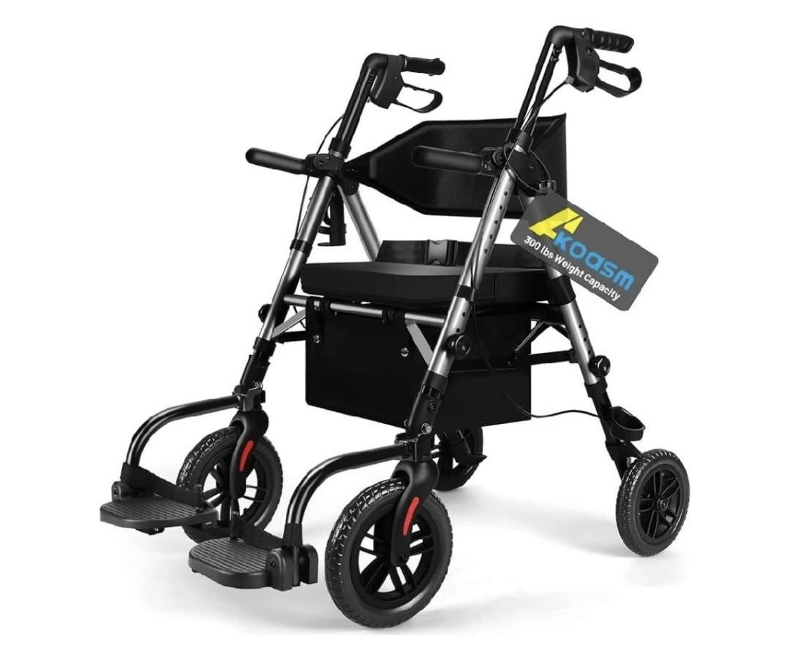 NEW Akoasm Foldable Rollator Walker with Seat and Wheelchair Combo New, Open Box Transport Chair with Brakes, Adjustable Seat, 300 Pound Capacity