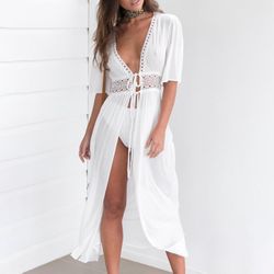 XXL White  Lace Patchwork Long Cape Cardigan Lightweight Swimsuit Cover Up Beachwear Smock Swim