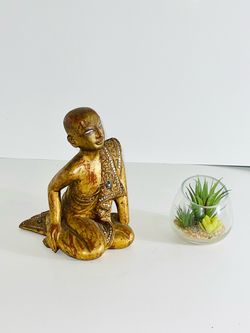 Wooden Gold Buddhist Monk Figurine Statue