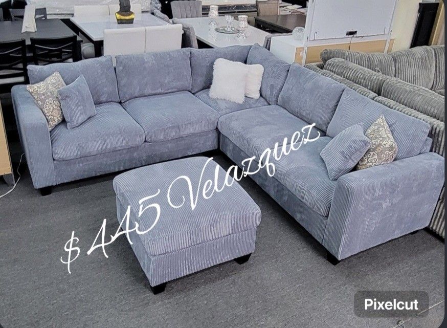 ✅️✅️4 pc dark grey corduroy fabric upholstered sectional sofa with ottoman✅️