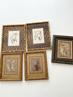 Lot of 5 Safari / Jungle Framed Art Prints - Faux Bamboo & African Wildlife