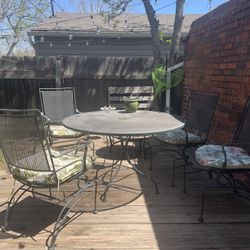 50” Wrought Iron Patio Set|  Table With Four Chairs And Umbrella