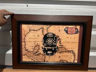 Framed Vintage Map Art with Diving Helmet