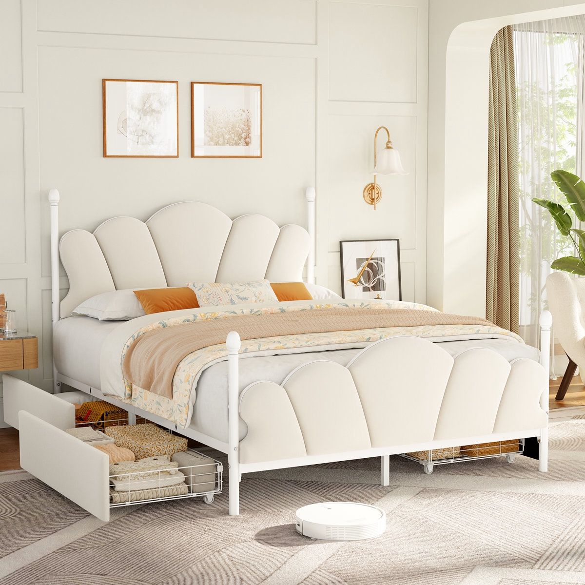 Queen Size Upholstered Storage Bed With 4 Drawers & Adjustable Headboard
