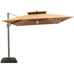 11FT Solar LED Cantilever Patio Umbrella w/ Base – 360° Tilt, Heavy Duty, solar lights and SPEAKER , Khaki