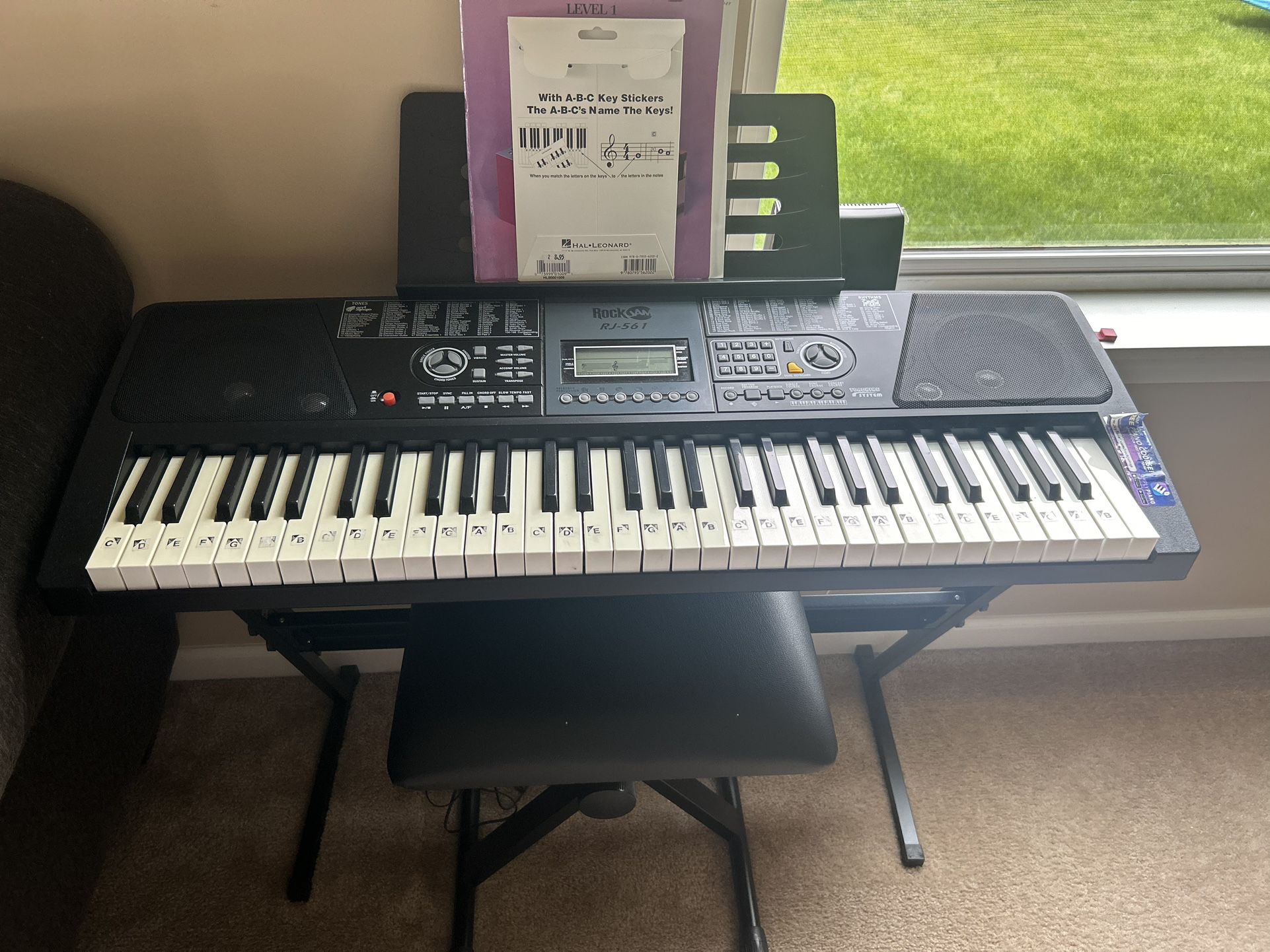 RockJam 61 Key Keyboard Piano With Stand, Bench, Power Cord, 2 Piano Books, Note Stickers.  Excellent Condition!  Like New