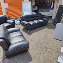 Black Leather/ Leather Type, Couch, Love Seat And Chair