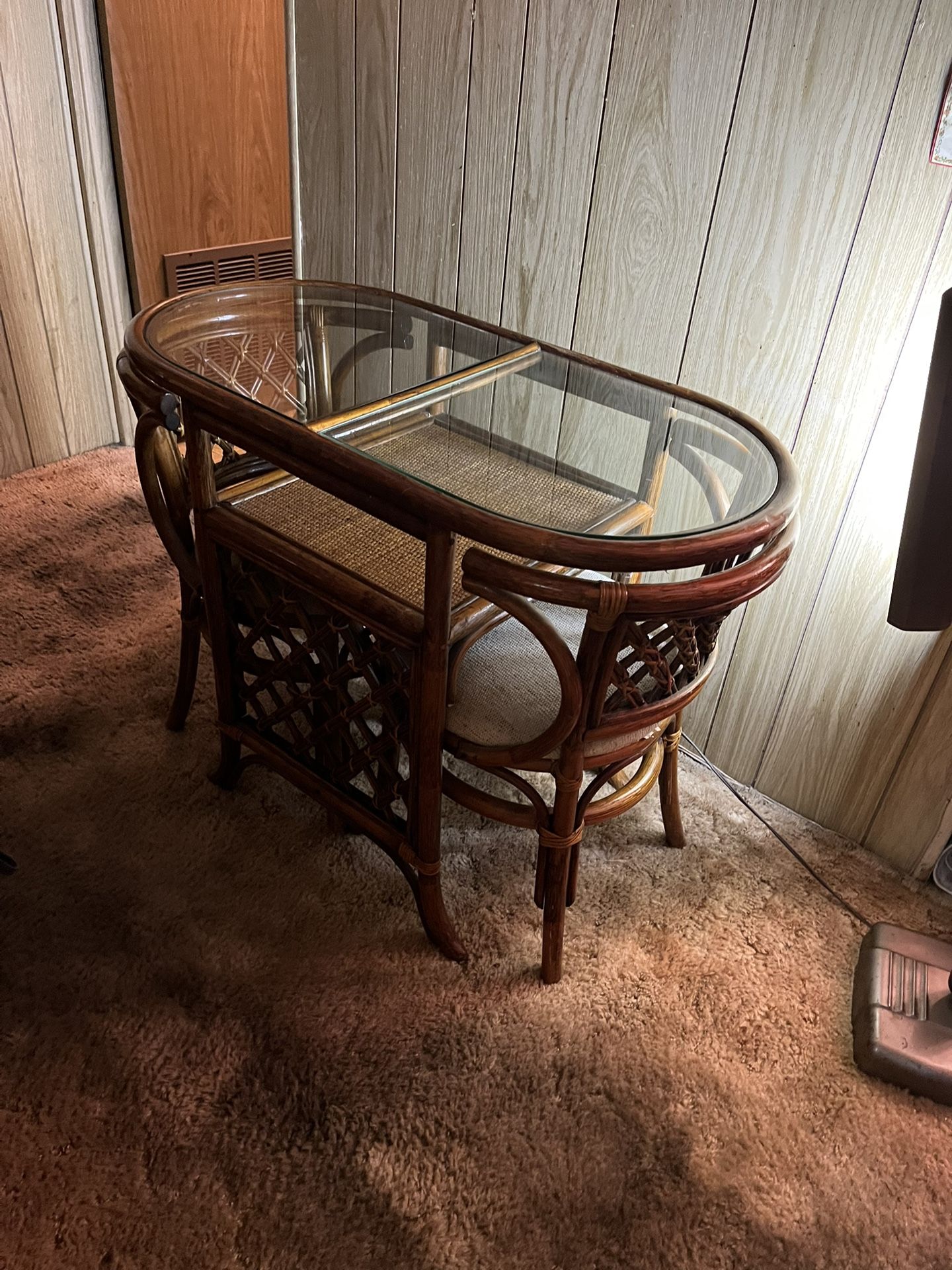 Vintage Mid Century Rattan Honeymoon Table And Chairs Set