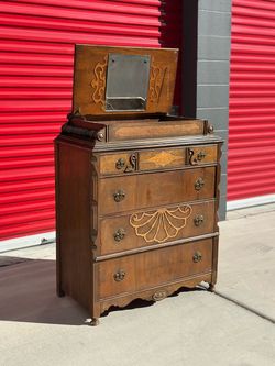 Antique Wood Dresser with Flip-Top Mirror