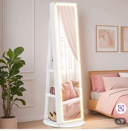 Full-Length LED Floor Mirror with Storage Shelves