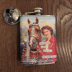 Anne Taintor stainless steel 4oz flask featuring a retro-style image of a woman with a horse and a humorous caption, great condition