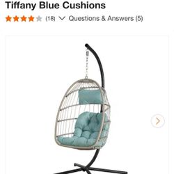 NEW Outdoor wicker Beige patio swing egg chair with stand, Tiffany blue cushions