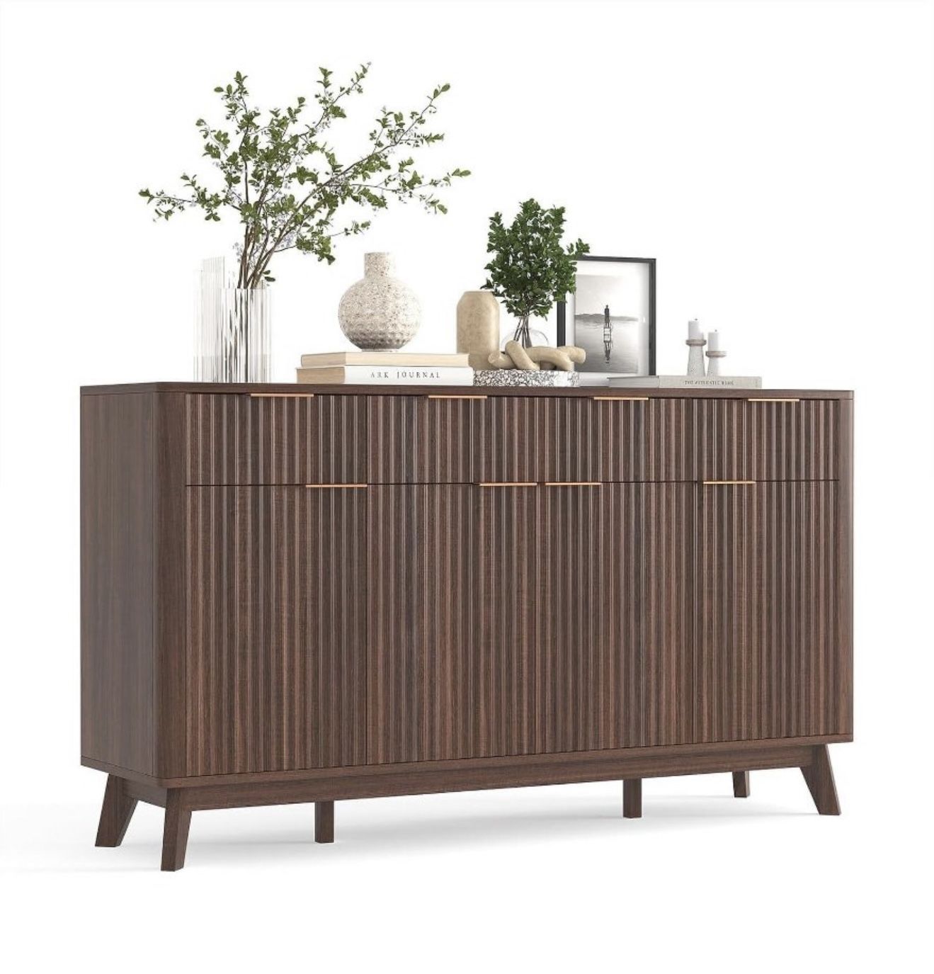 60" Farmhouse Fluted Buffet Cabinet with 3 Drawers and 4 Doors, Sideboard Coffee Bar with Adjustable Shelves