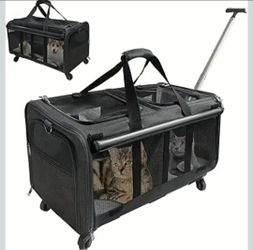 Rolling Cat Carrier with Wheels for 2 Cats, Double Cat Carrier with Wheels, Double-Compartment Foldable Pet Carrier for 2 Small Cats and Dogs Travelin