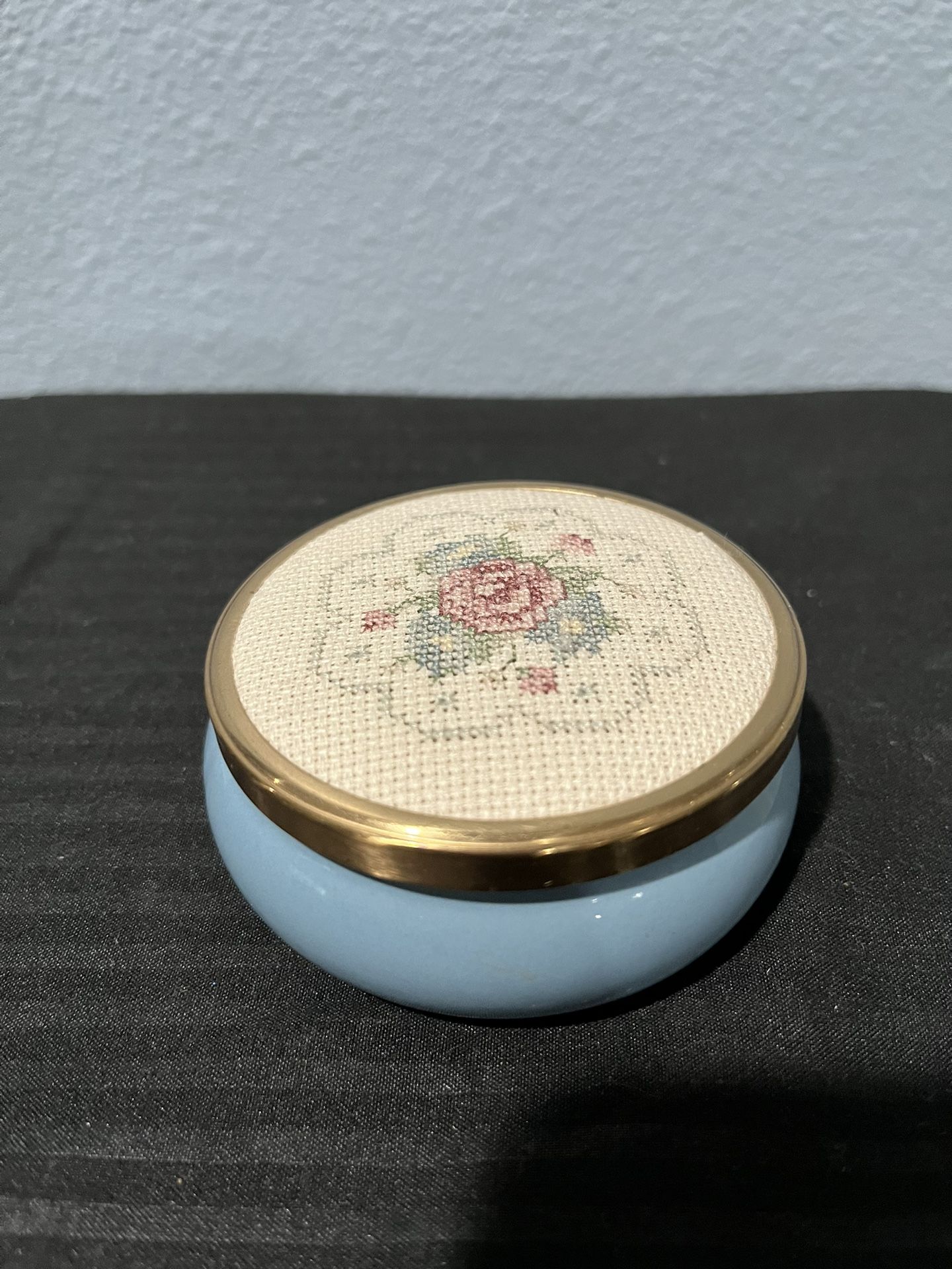 Vintage Framecraft Porcelain Trinket Box Embroidered Crosstitched
