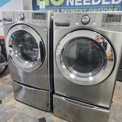 LG SET STEAM WASHER AND ELECTRIC DRYER STAINLESS STEEL LARGE  WITH SIDEKICK PEDESTAL DOUBLE WASHER 