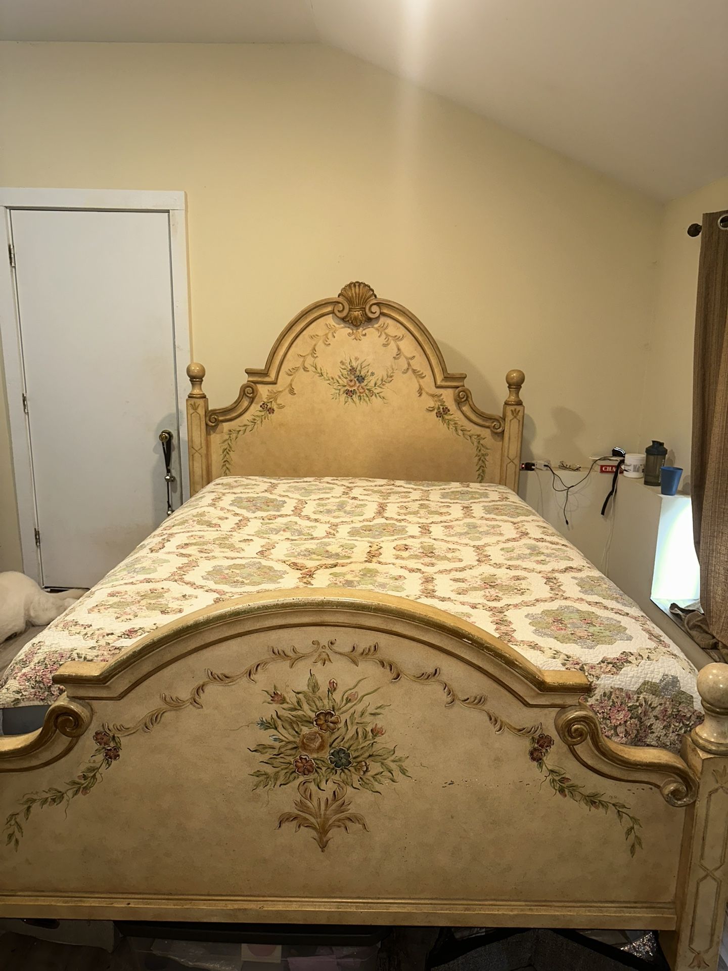 French Country Hand-Painted Bedroom Set – Dresser, Mirror, Nightstand, Armoire & Queen Bed –$500