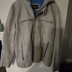 GUESS Faux-Leather Jacket XXL – Light Gray with Blue Lining (Removable Hood)
