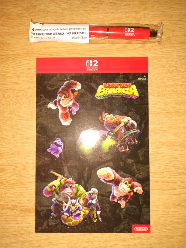 Authentic Nintendo Switch 2 Pen & Donkey Kong Bananza Promo Sticker Sheet 2025