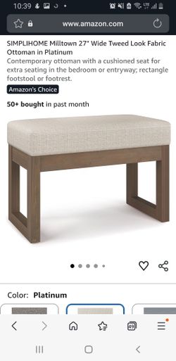 SIMPLIHOME Milltown 27" Wide Tweed Look Fabric Ottoman in Platinum
