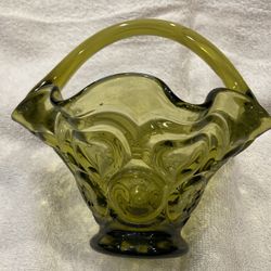 Antique Depression, Glass, Avocado Green, Basket, Candy Dish