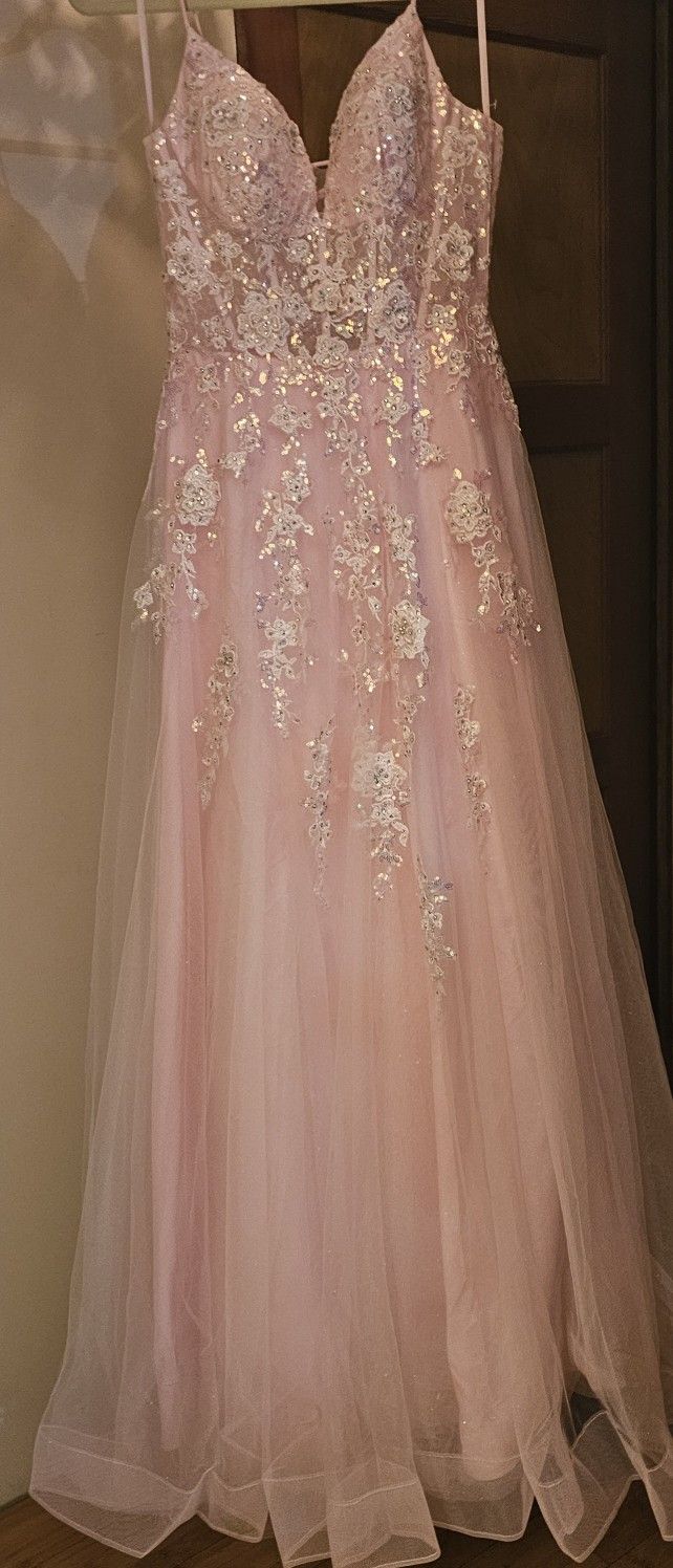 Women's/ Young Teen Pink A-line ball gown featuring a beautifully embroidered, beaded lace bodice with a flattering corset-style fit. Prom, Dress