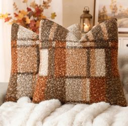 Set of 4 Soft Fuzzy Sherpa Plaid Cushion Covers - Fall Autumn Boho Home Decor (20x20)