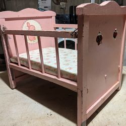 Vintage Antique Wooden Doll Crib w Mattress Sheets