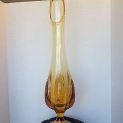 Vintage MCM Viking Glass Large 20” Amber Pedestal Epic Drape Swung Vase