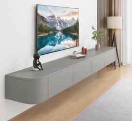 47”Floating TV Stand with LED with Drawers Flip-Down Doors, Round Corner,  Gray
