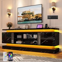 New-71" LED TV Stand for TVs up to 85" with Power Outlets, Marble High Gloss Surface, 2 Storage Cabinet, Modern Style, TV Media Console with Storage, 