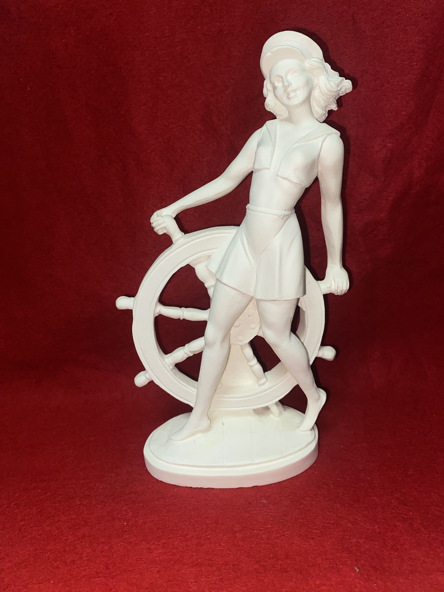 8.75 Inch Alabaster Greek Woman With Ship Wheel Statue Imported From Greece