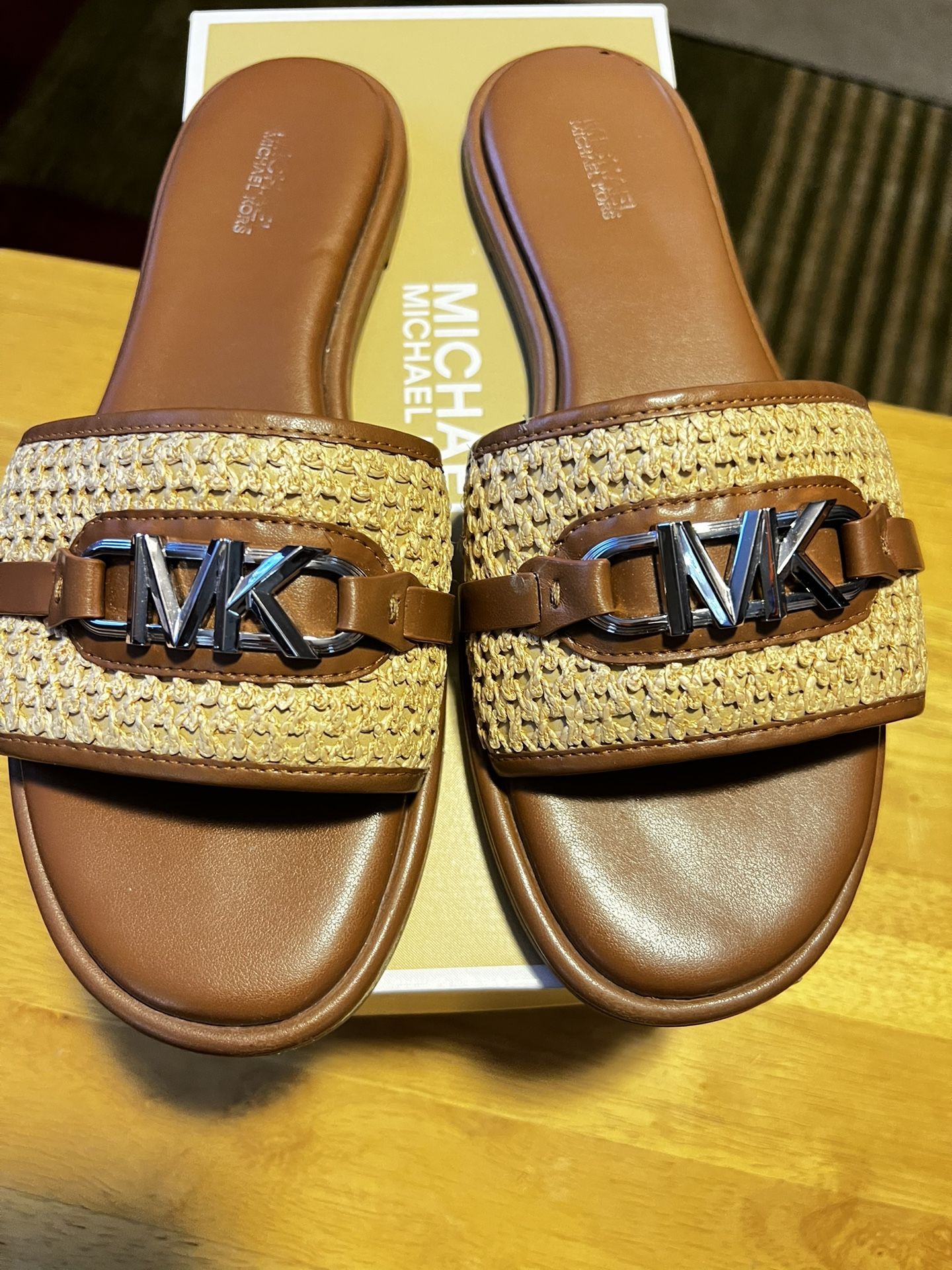 Michael Kors Brown and Tan Slide Sandals with Braided Strap