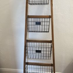 Rustic Wooden Ladder Shelf with Metal Baskets