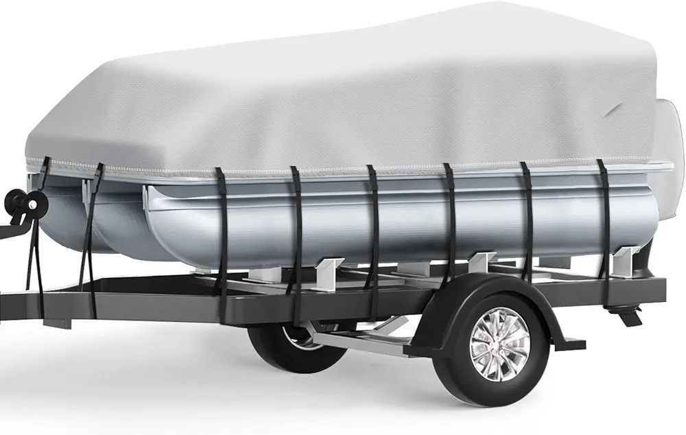 Heavy Duty Pontoon Boat Cover 25 26 27 28 ft Foot, Upgraded Waterproof Marine Grade Canvas Cover Fits Pontoon Boat 25ft-28ft with Motor Cover,Gray