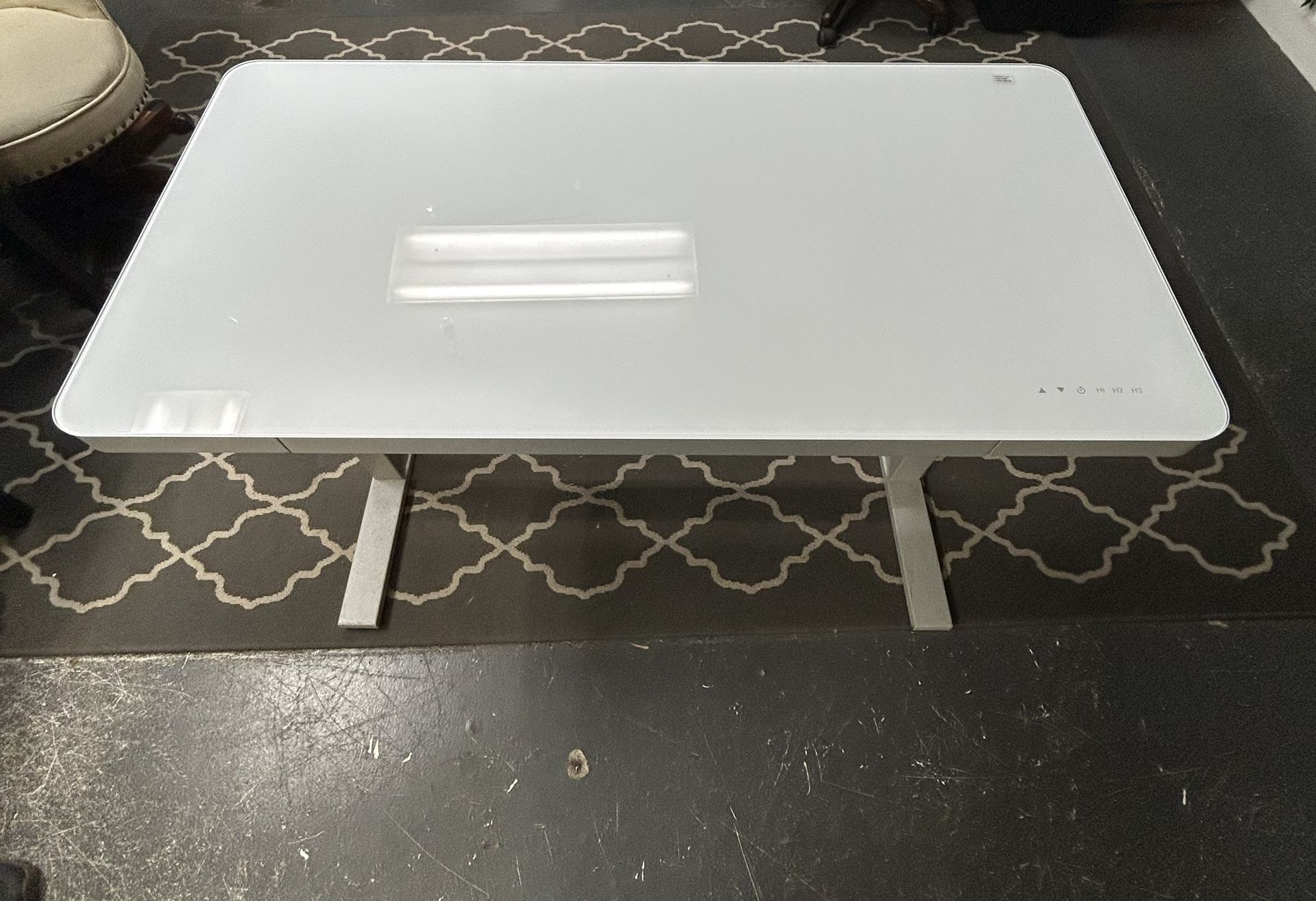 Powered Standing Glass Top Desk With Sliding Drawer