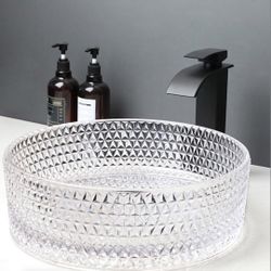 KECTIAKL 16 Inch Crystal Bathroom Vessel Sink with Faucet and Drain Combo,Diamond Shaped Clear Tempered Glass Vessel Sink Above Counter Round Sink Bow