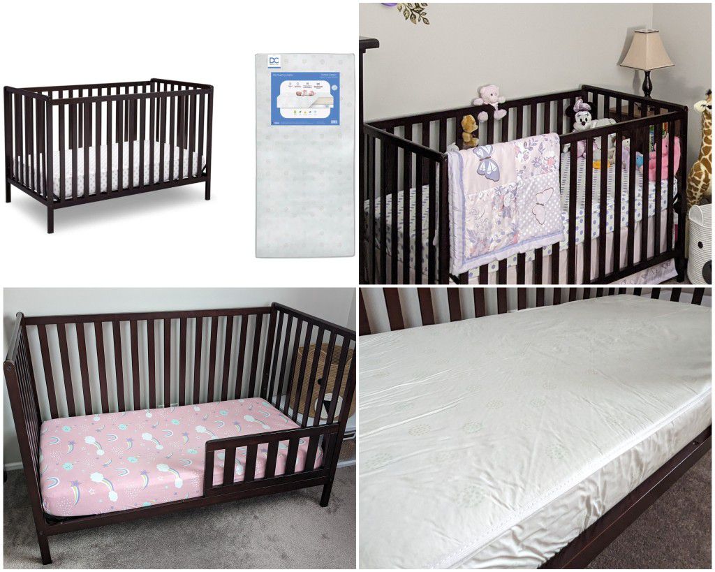 Delta Children Heartland 4-in-1 Convertible Crib + Dual Sided Mattress + Toddler Bed Rail (Bundle)