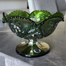 Vintage Imperial Pedestal Compote Scroll Embossed Green  Carnival Iridescent Glass Cosmos Daisy