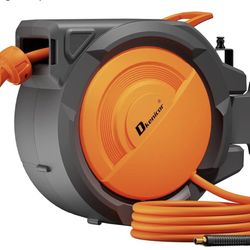 Retractable Air Hose Reel, 3/8" × 120ft Hybrid Hose, Auto Rewind Enclosed Air Compressor Hose Reel with 180° Swivel Bracket, Max 300 PSI Any Length Lo